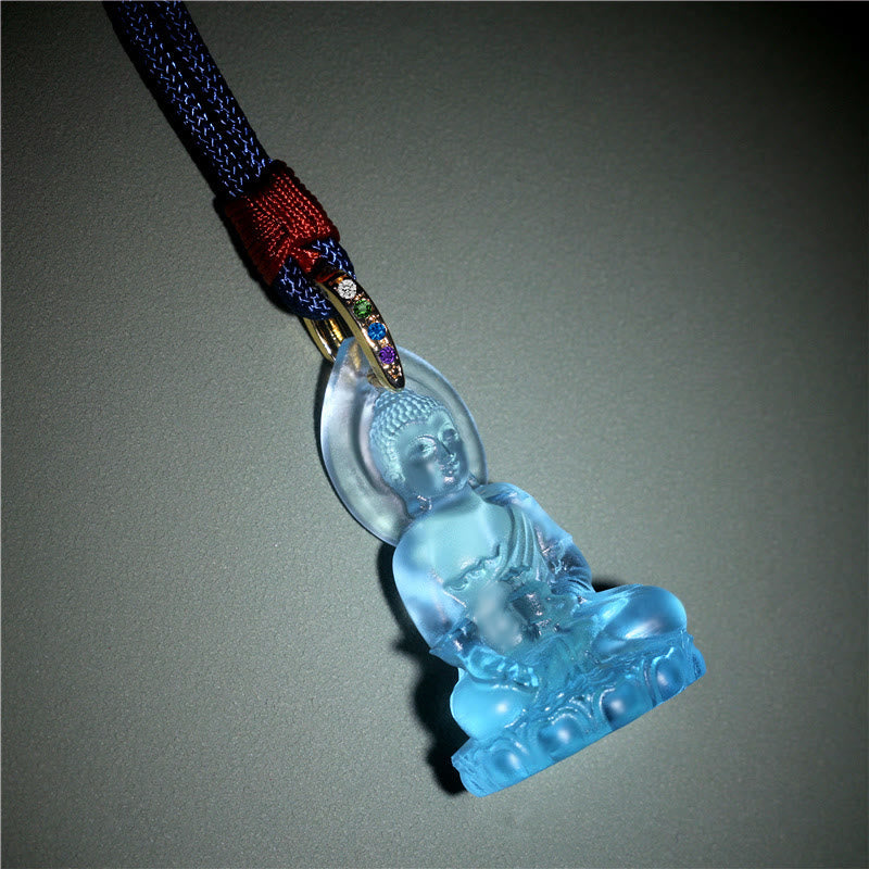 Wear FengShui Blue Tathagata Buddha Medicine Buddha Liuli Crystal Serenity Amulet Necklace Pendant