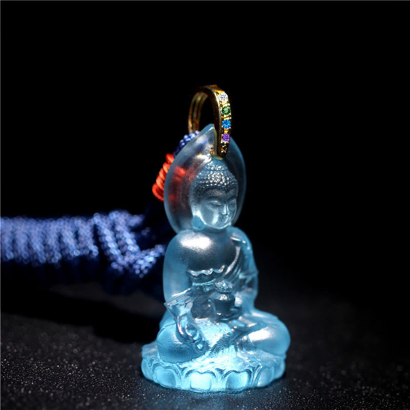 Wear FengShui Blue Tathagata Buddha Medicine Buddha Liuli Crystal Serenity Amulet Necklace Pendant