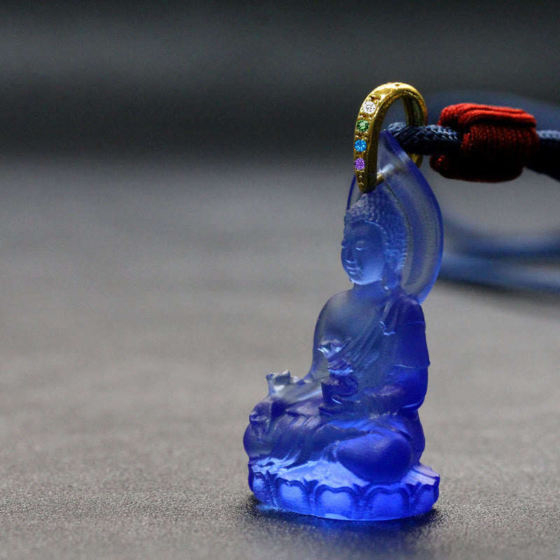 Wear FengShui Blue Tathagata Buddha Medicine Buddha Liuli Crystal Serenity Amulet Necklace Pendant