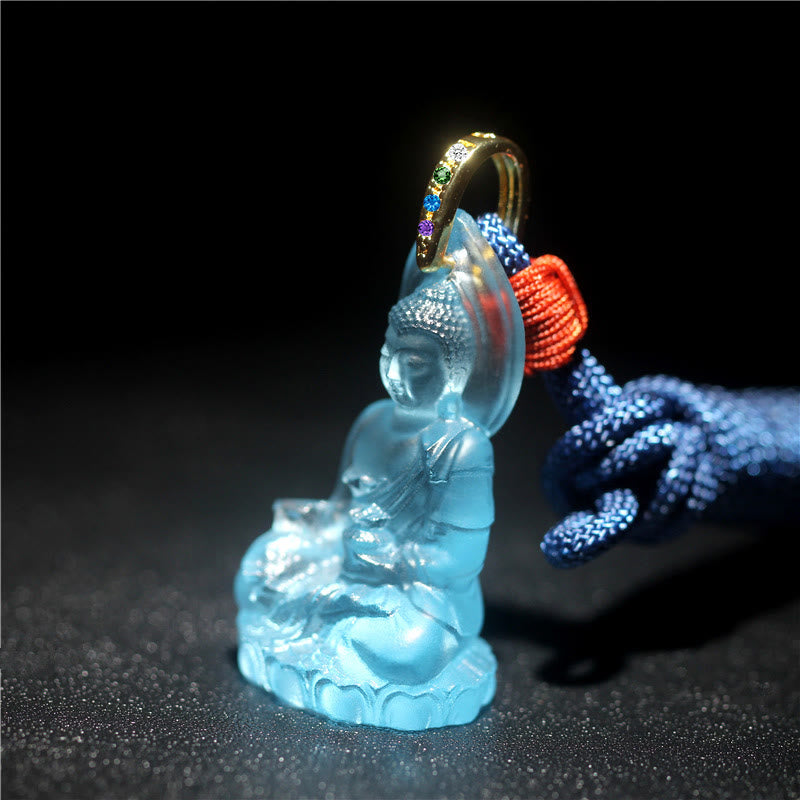 Wear FengShui Blue Tathagata Buddha Medicine Buddha Liuli Crystal Serenity Amulet Necklace Pendant