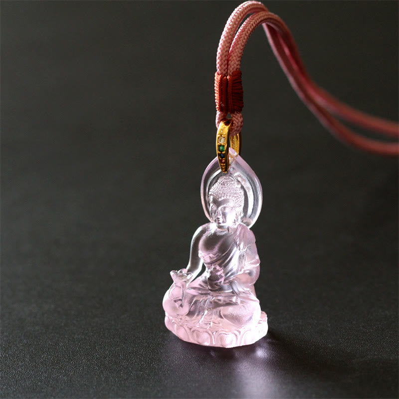 Wear FengShui Blue Tathagata Buddha Medicine Buddha Liuli Crystal Serenity Amulet Necklace Pendant