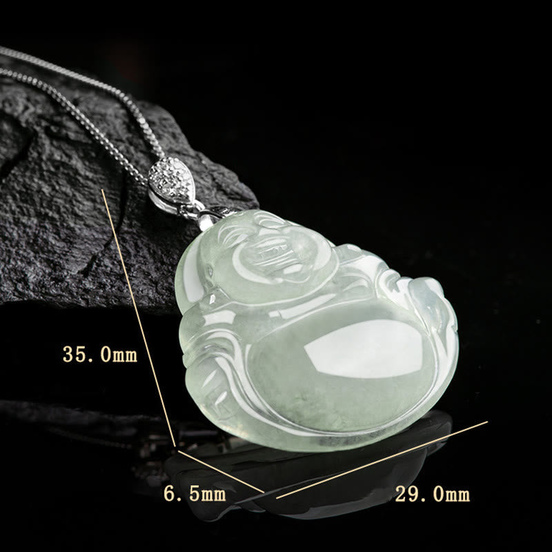 Wear FengShui Natural Jade Laughing Buddha Prosperity Abundance Titanium Steel Chain Necklace Pendant