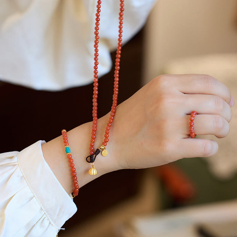 Wear FengShui 925 Sterling Silver Plated Gold Natural Red Agate Turquoise Confidence Bracelet Necklace Pendant Ring Set