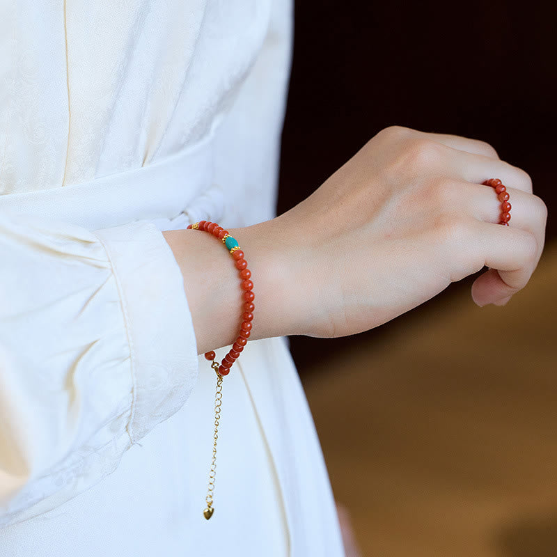 Wear FengShui 925 Sterling Silver Plated Gold Natural Red Agate Turquoise Confidence Bracelet Necklace Pendant Ring Set