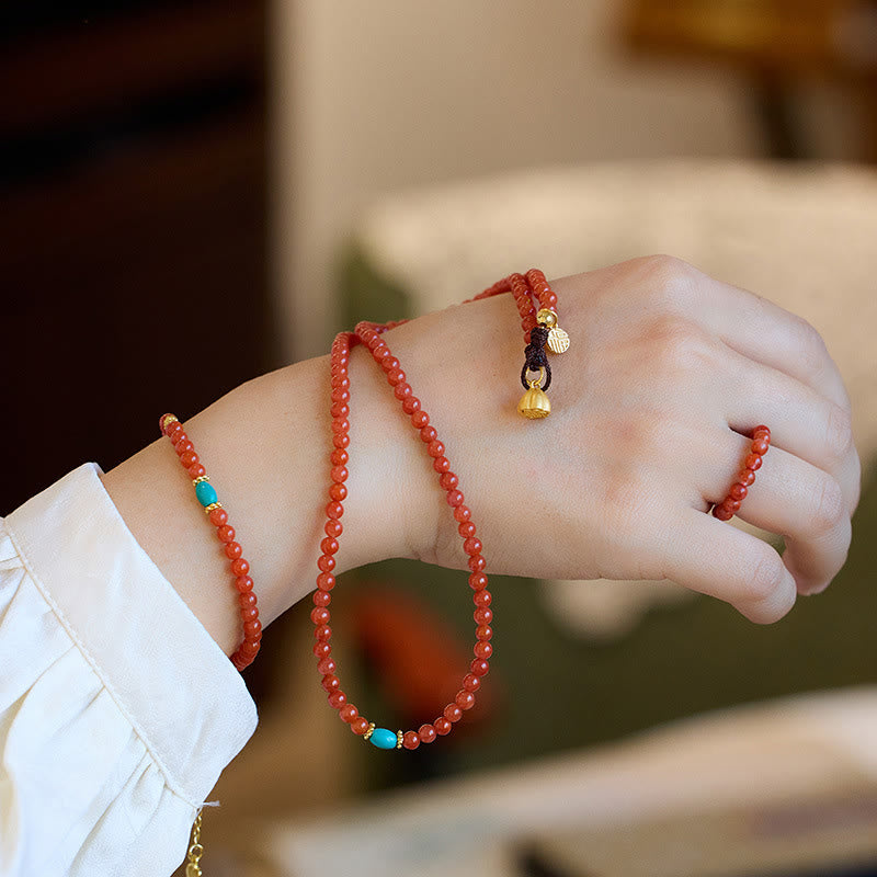 Wear FengShui 925 Sterling Silver Plated Gold Natural Red Agate Turquoise Confidence Bracelet Necklace Pendant Ring Set