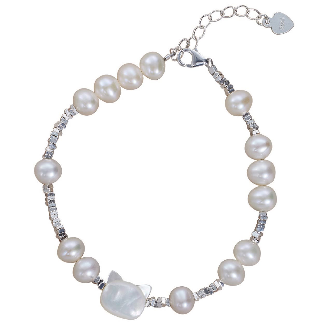 Wear FengShui Pearl Cat Head Tridacna Stone Silver Healing Bracelet