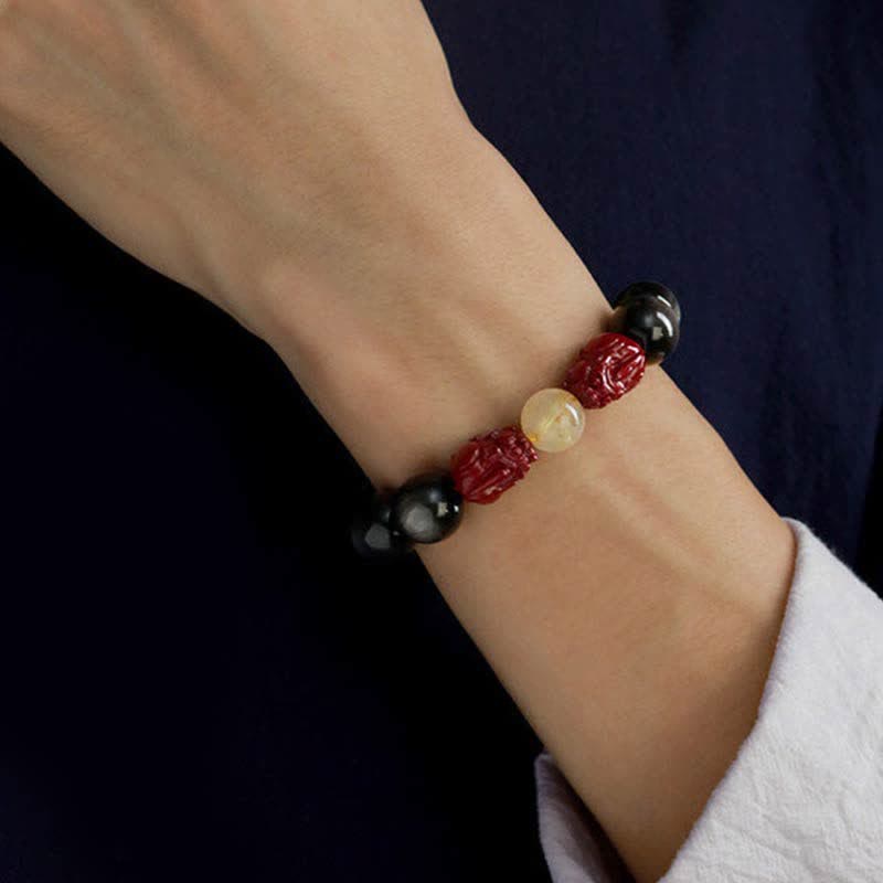 Wear FengShui Gold Sheen Obsidian PiXiu Cinnabar Om Mani Padme Hum Protection Bracelet