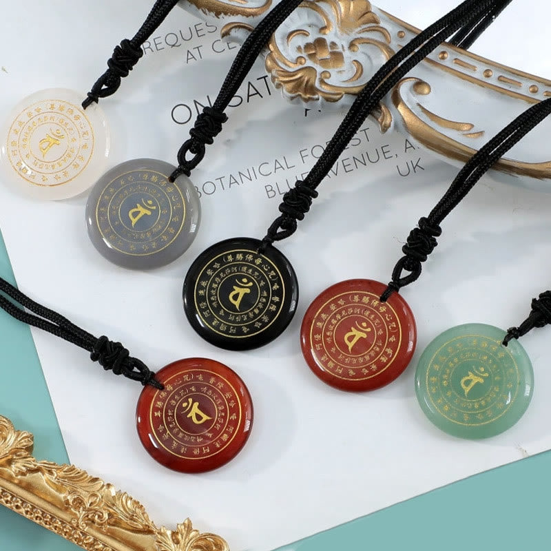 Wear FengShui Vairocana Tathagata Sanskrit Mantra Various Crystal Black Obsidian Green Aventurine Strength Necklace Pendant