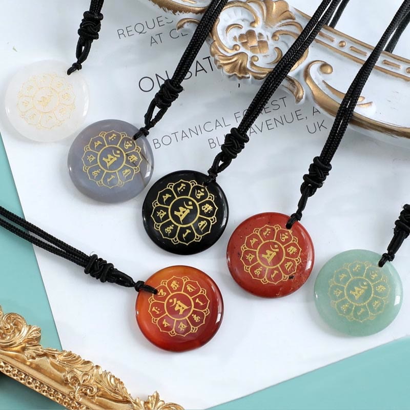 Wear FengShui Om Mani Padme Hum Natural Various Crystal Black Obsidian Strength Necklace Pendant
