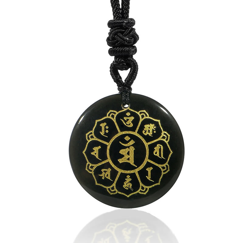 Wear FengShui Om Mani Padme Hum Natural Various Crystal Black Obsidian Strength Necklace Pendant