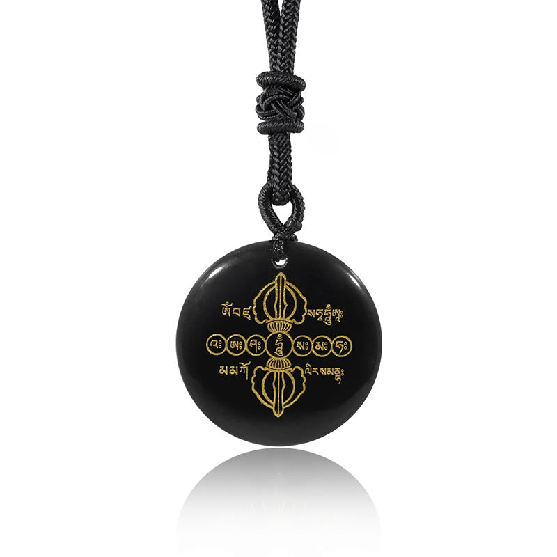 Wear FengShui Vajra Dorje Sanskrit Pattern Natural Various Crystal Black Obsidian Fulfilment Necklace Pendant
