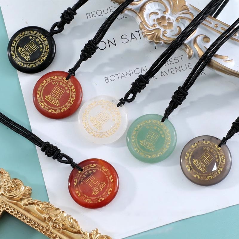 Wear FengShui Swastika Lotus Pattern Natural Various Crystal Black Obsidian Purification Necklace Pendant