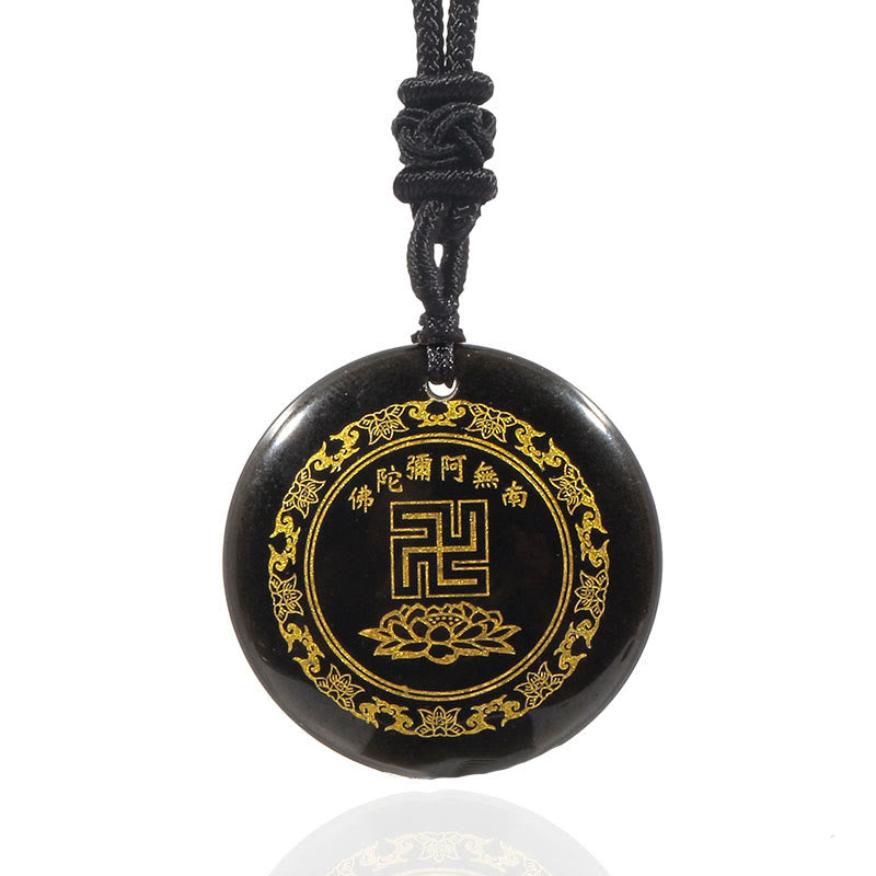 Wear FengShui Swastika Lotus Pattern Natural Various Crystal Black Obsidian Purification Necklace Pendant