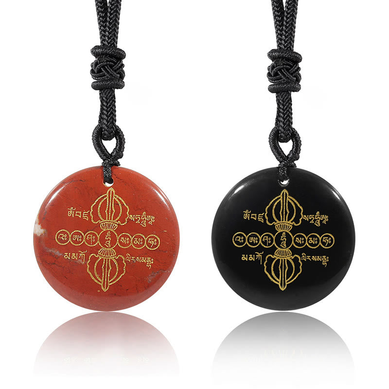 Wear FengShui Vajra Dorje Sanskrit Pattern Natural Various Crystal Black Obsidian Fulfilment Necklace Pendant