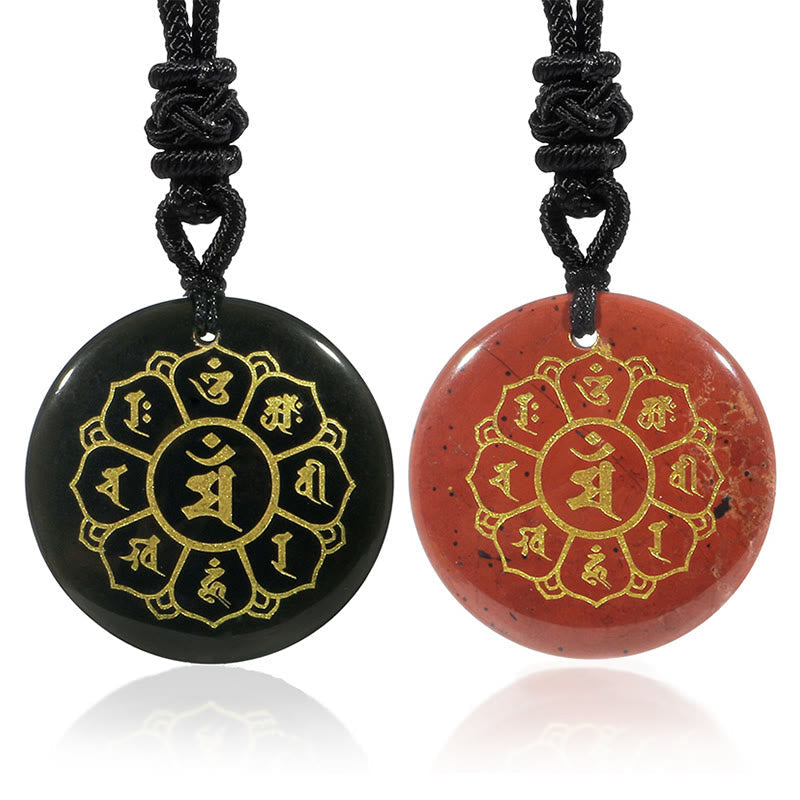 Wear FengShui Om Mani Padme Hum Natural Various Crystal Black Obsidian Strength Necklace Pendant