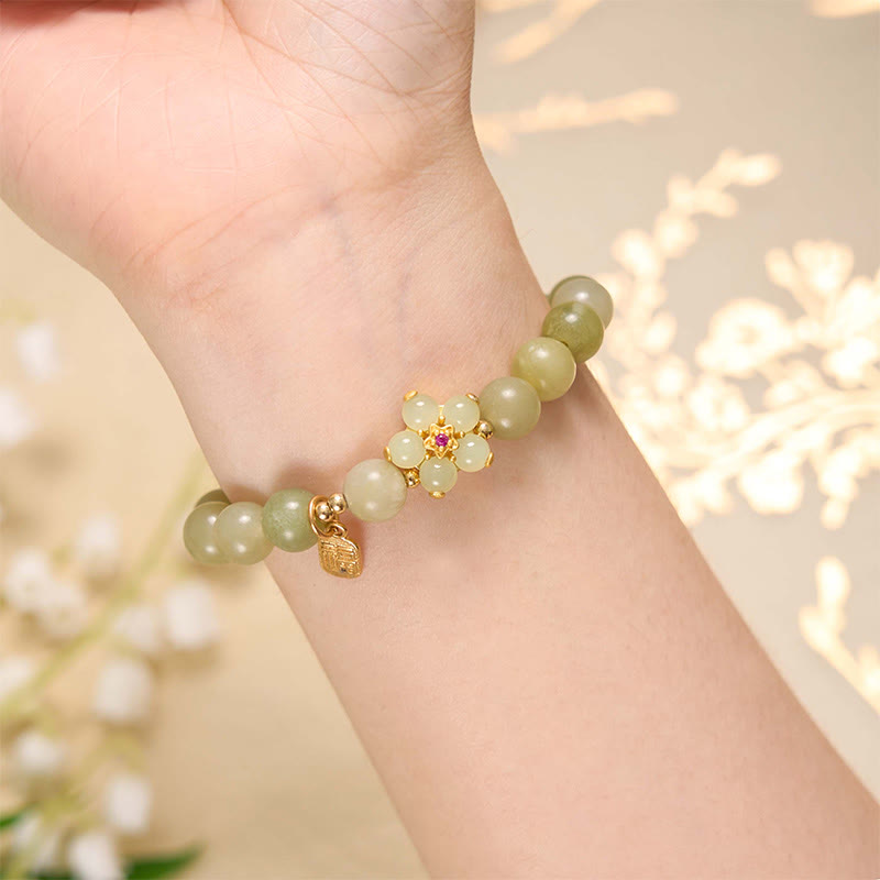 Wear FengShui Green Jade Flower Fu Character Charm Luck Bracelet