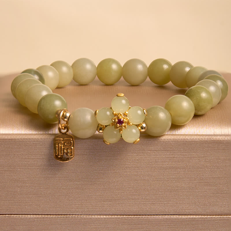Wear FengShui Green Jade Flower Fu Character Charm Luck Bracelet