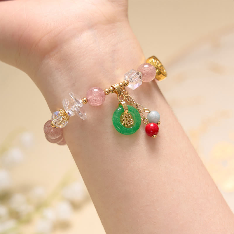 Wear FengShui Strawberry Quartz Jade Fu Character Charm Healing Bracelet