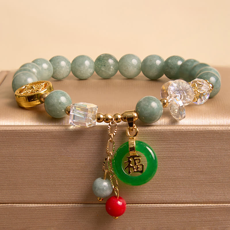 Wear FengShui Strawberry Quartz Jade Fu Character Charm Healing Bracelet