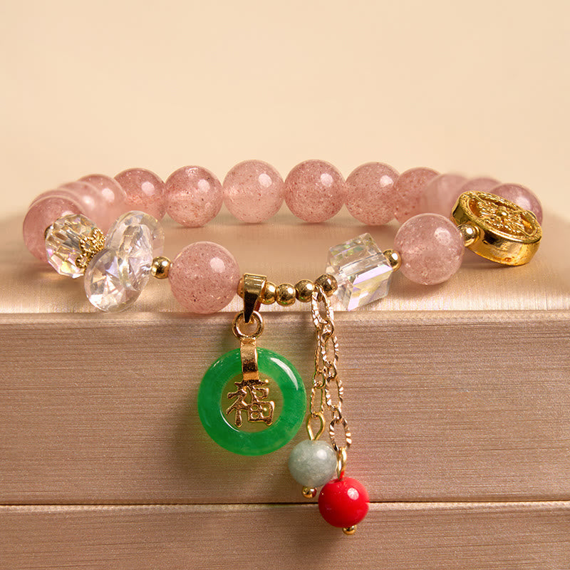 Wear FengShui Strawberry Quartz Jade Fu Character Charm Healing Bracelet