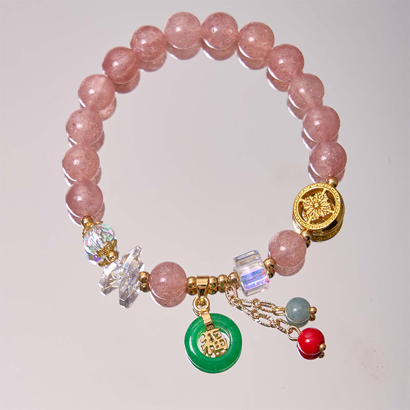 Wear FengShui Strawberry Quartz Jade Fu Character Charm Healing Bracelet