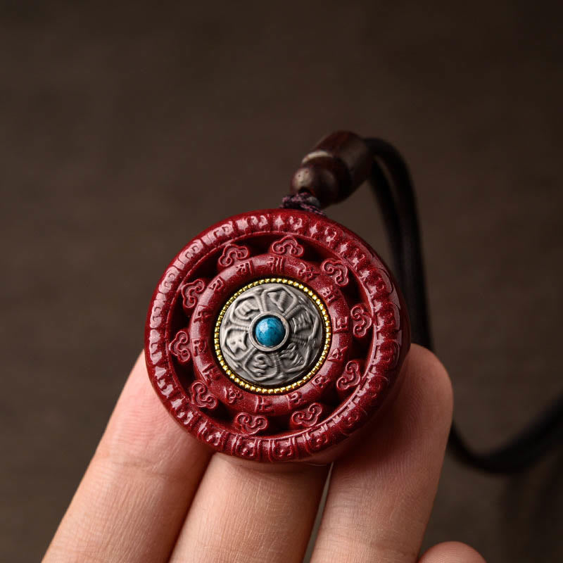 Wear FengShui Cinnabar Om Mani Padme Hum Blessing Rotatable Necklace Pendant Key Chain