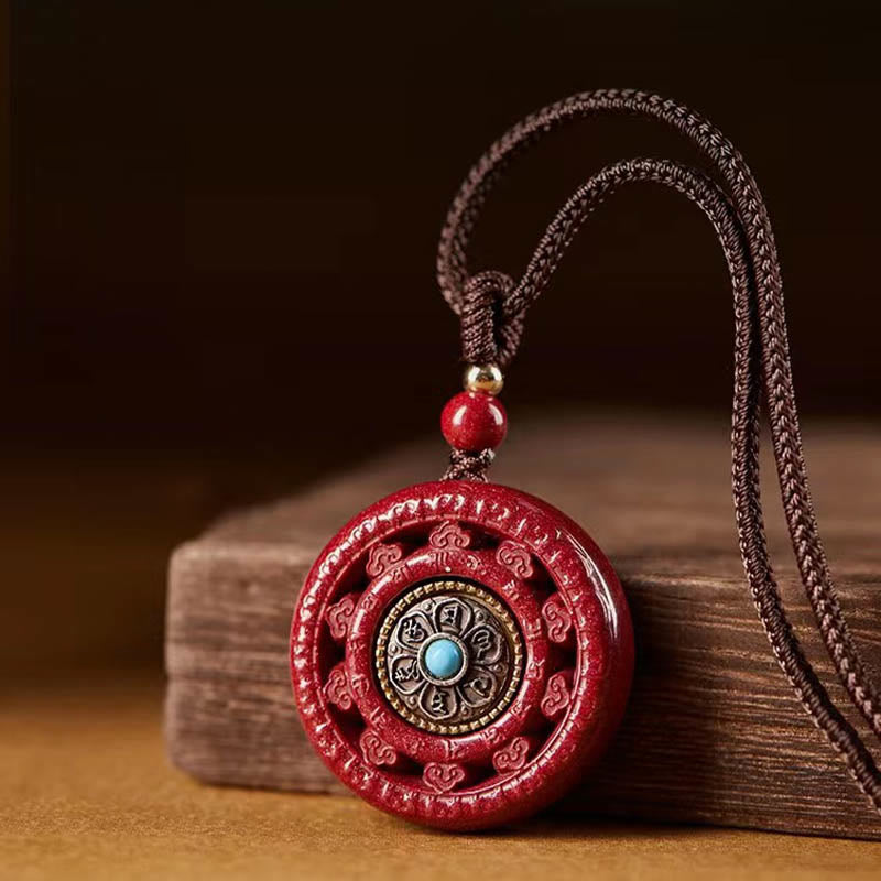 Wear FengShui Cinnabar Om Mani Padme Hum Blessing Rotatable Necklace Pendant Key Chain