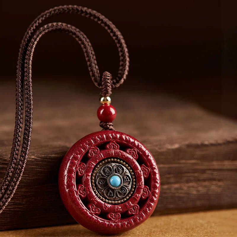 Wear FengShui Cinnabar Om Mani Padme Hum Blessing Rotatable Necklace Pendant Key Chain