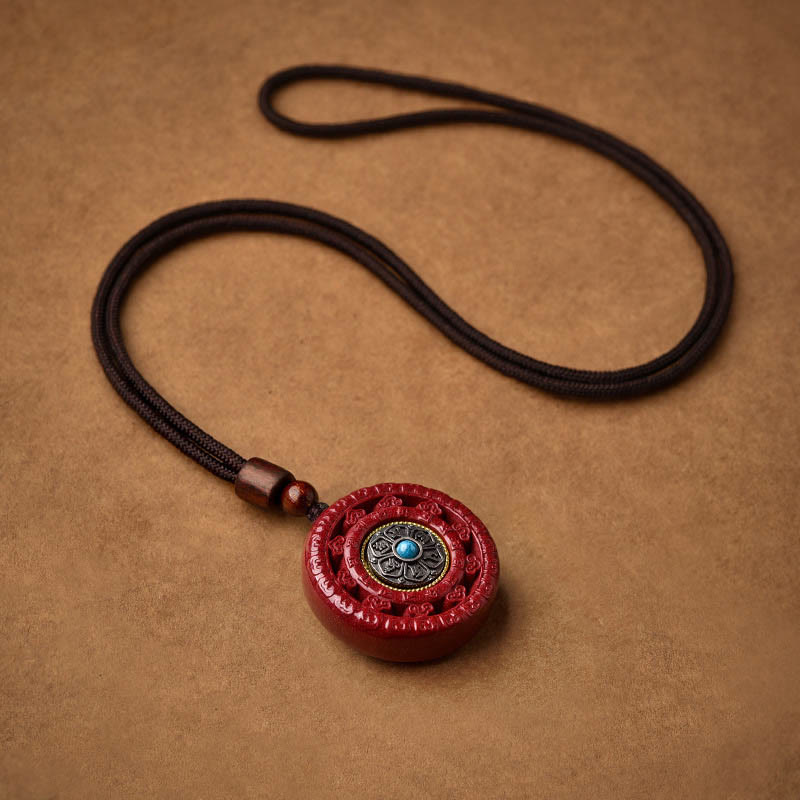 Wear FengShui Cinnabar Om Mani Padme Hum Blessing Rotatable Necklace Pendant Key Chain