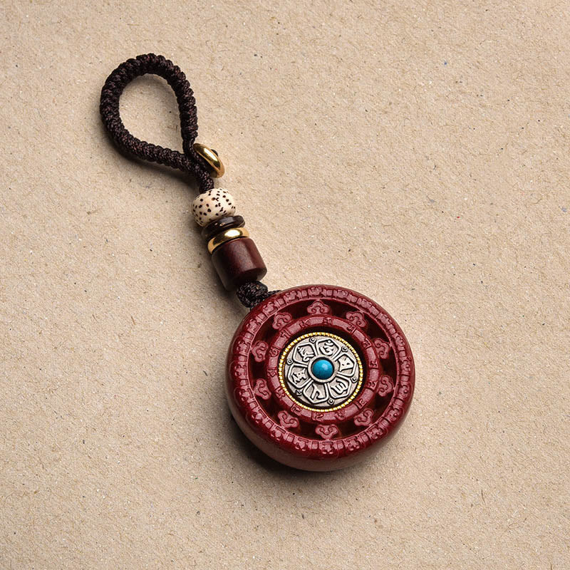 Wear FengShui Cinnabar Om Mani Padme Hum Blessing Rotatable Necklace Pendant Key Chain