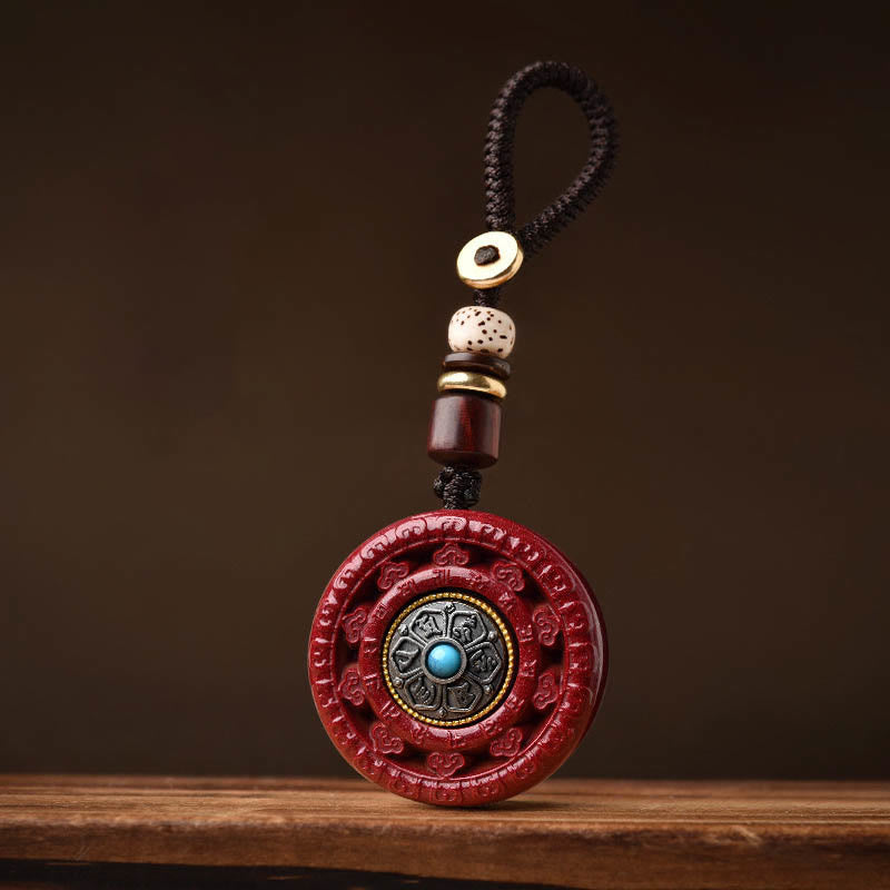 Wear FengShui Cinnabar Om Mani Padme Hum Blessing Rotatable Necklace Pendant Key Chain