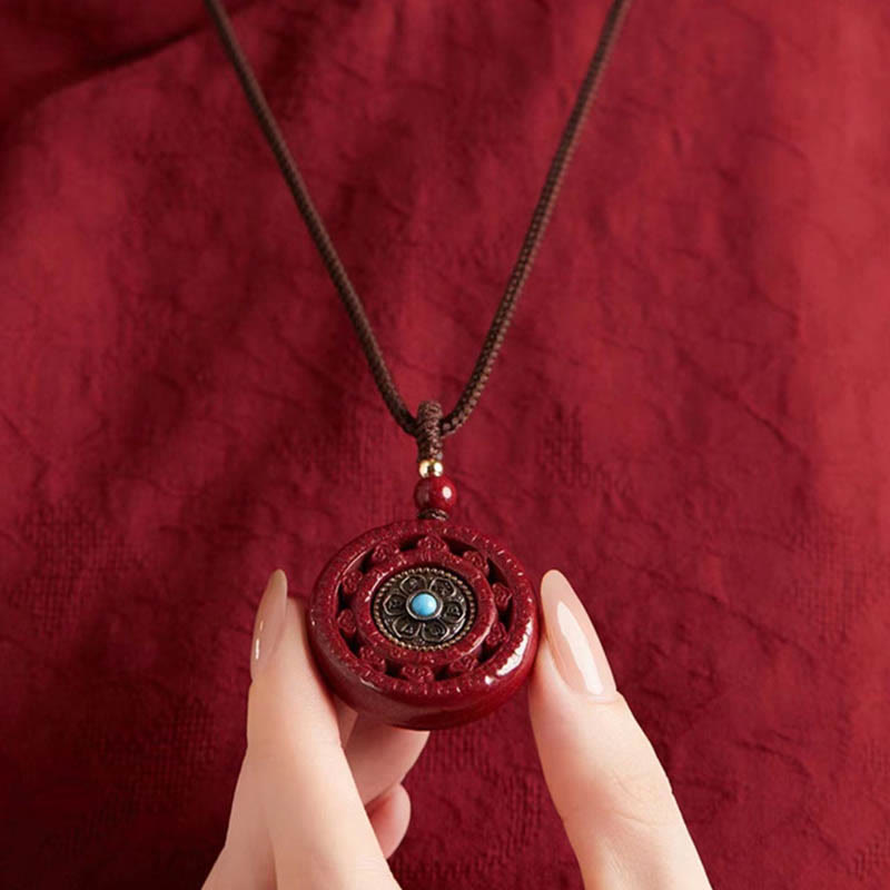 Wear FengShui Cinnabar Om Mani Padme Hum Blessing Rotatable Necklace Pendant Key Chain