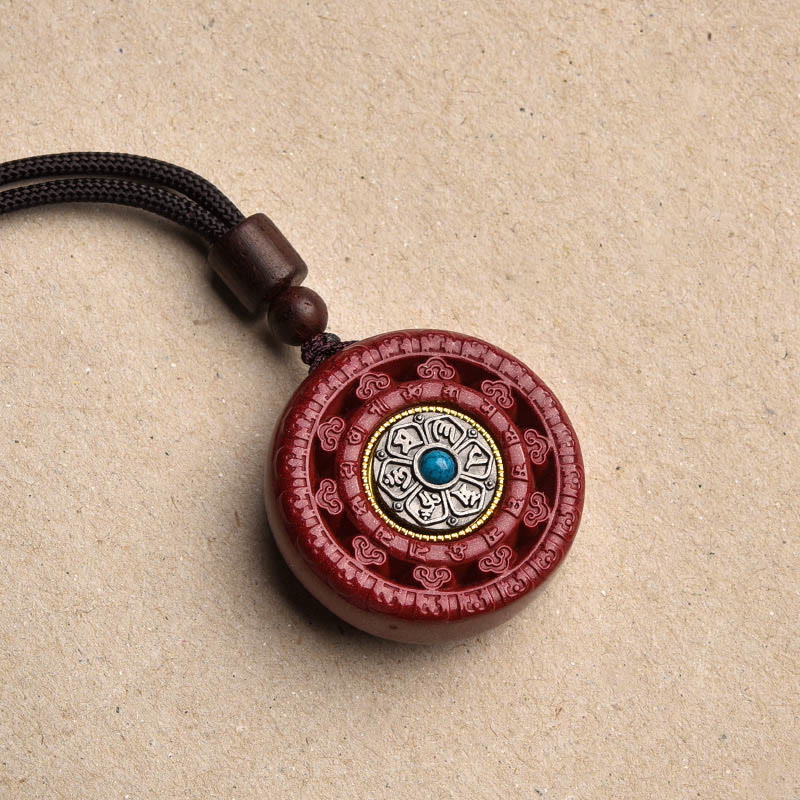 Wear FengShui Cinnabar Om Mani Padme Hum Blessing Rotatable Necklace Pendant Key Chain