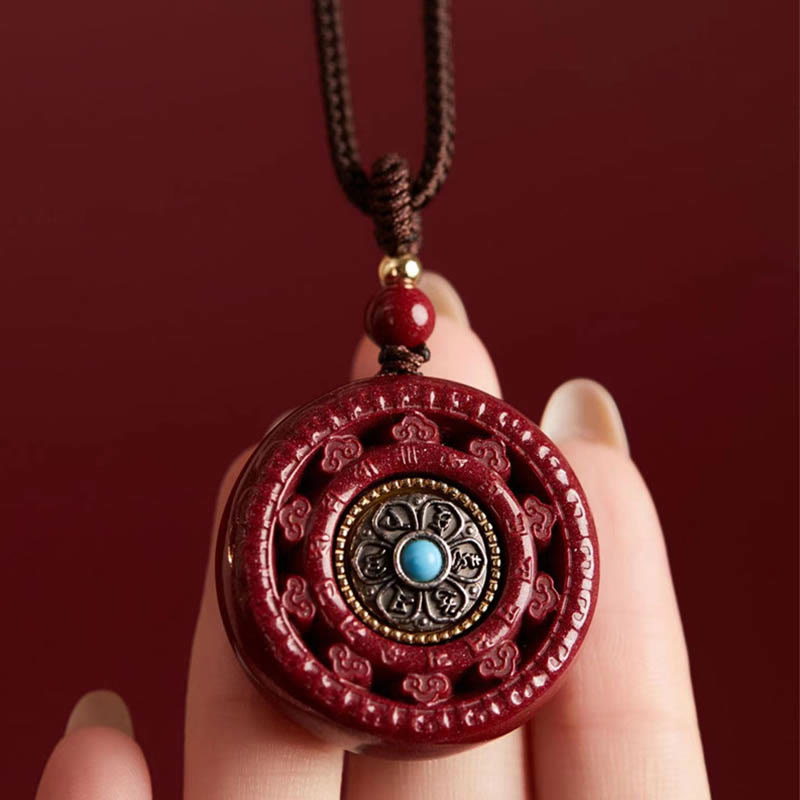 Wear FengShui Cinnabar Om Mani Padme Hum Blessing Rotatable Necklace Pendant Key Chain