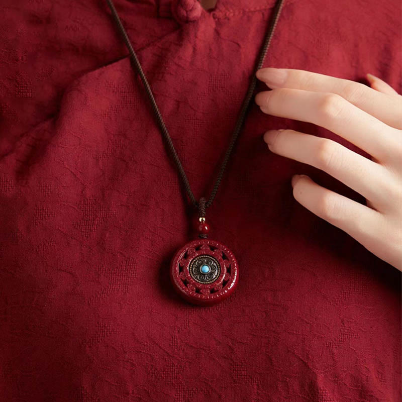 Wear FengShui Cinnabar Om Mani Padme Hum Blessing Rotatable Necklace Pendant Key Chain