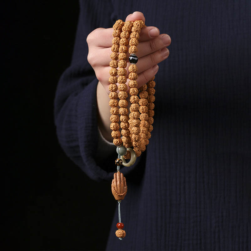 Wear FengShui Bodhi Seed Three-eyed Dzi Bead Buddha Hand Charm Wealth Bracelet
