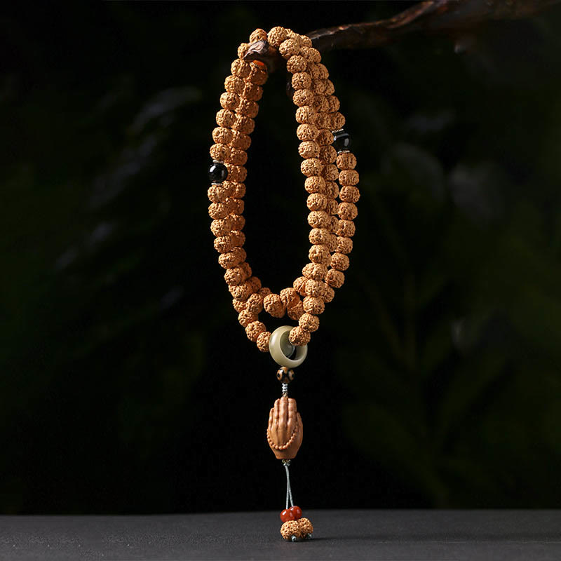 Wear FengShui Bodhi Seed Three-eyed Dzi Bead Buddha Hand Charm Wealth Bracelet