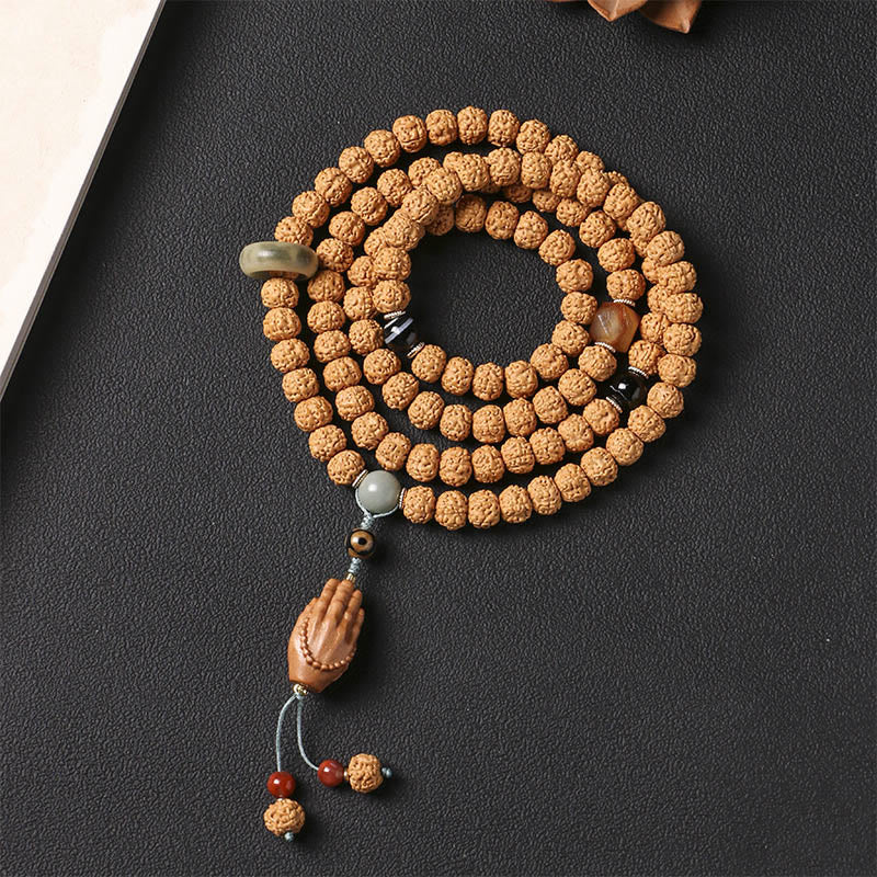 Wear FengShui Bodhi Seed Three-eyed Dzi Bead Buddha Hand Charm Wealth Bracelet