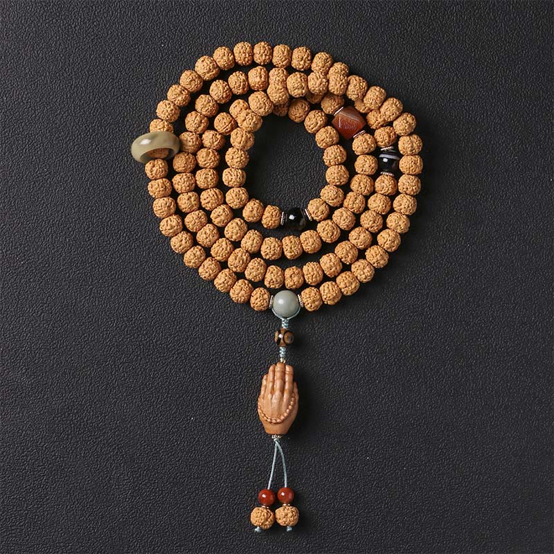 Wear FengShui Bodhi Seed Three-eyed Dzi Bead Buddha Hand Charm Wealth Bracelet
