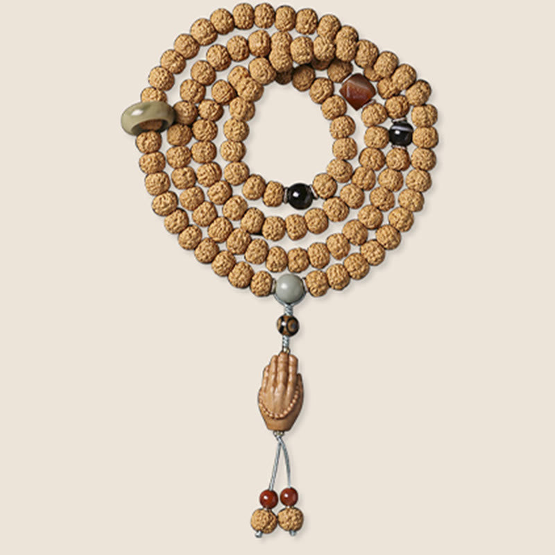 Wear FengShui Bodhi Seed Three-eyed Dzi Bead Buddha Hand Charm Wealth Bracelet