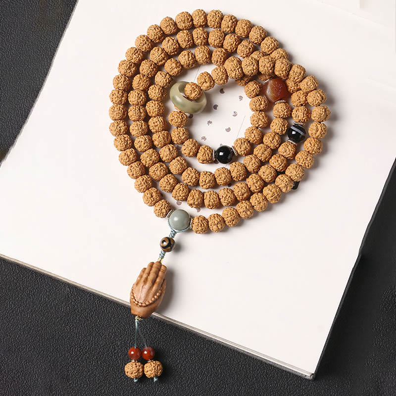 Wear FengShui Bodhi Seed Three-eyed Dzi Bead Buddha Hand Charm Wealth Bracelet