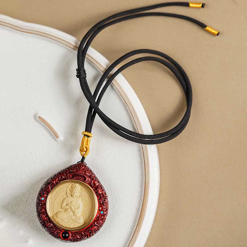 Wear FengShui Chinese Zodiac Natal Buddha Small Leaf Red Sandalwood Ebony Longevity Necklace Pendant