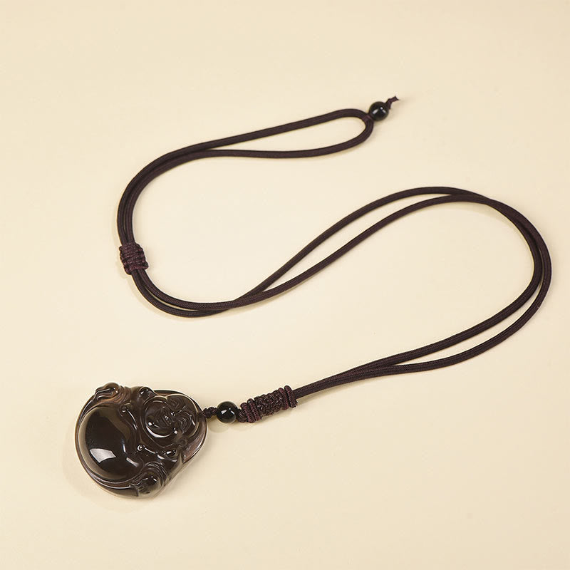 Wear FengShui Natural Black Obsidian Ice Obsidian Laughing Buddha Purification Necklace Pendant