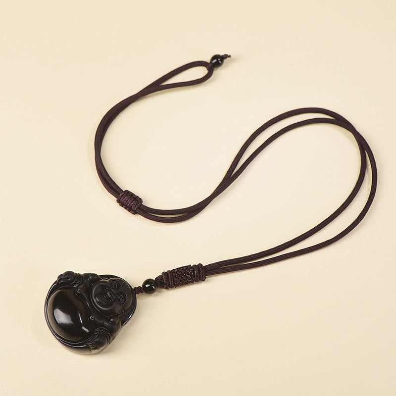 Wear FengShui Natural Black Obsidian Ice Obsidian Laughing Buddha Purification Necklace Pendant