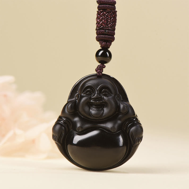 Wear FengShui Natural Black Obsidian Ice Obsidian Laughing Buddha Purification Necklace Pendant