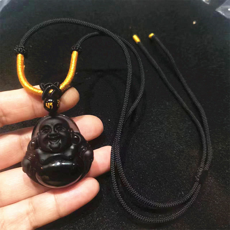 Wear FengShui Natural Black Obsidian Ice Obsidian Laughing Buddha Purification Necklace Pendant