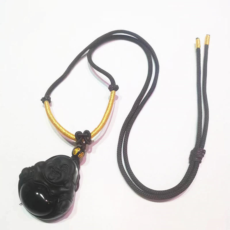 Wear FengShui Natural Black Obsidian Ice Obsidian Laughing Buddha Purification Necklace Pendant