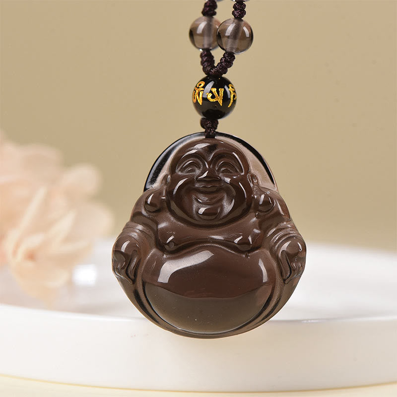 Wear FengShui Natural Black Obsidian Ice Obsidian Laughing Buddha Purification Necklace Pendant
