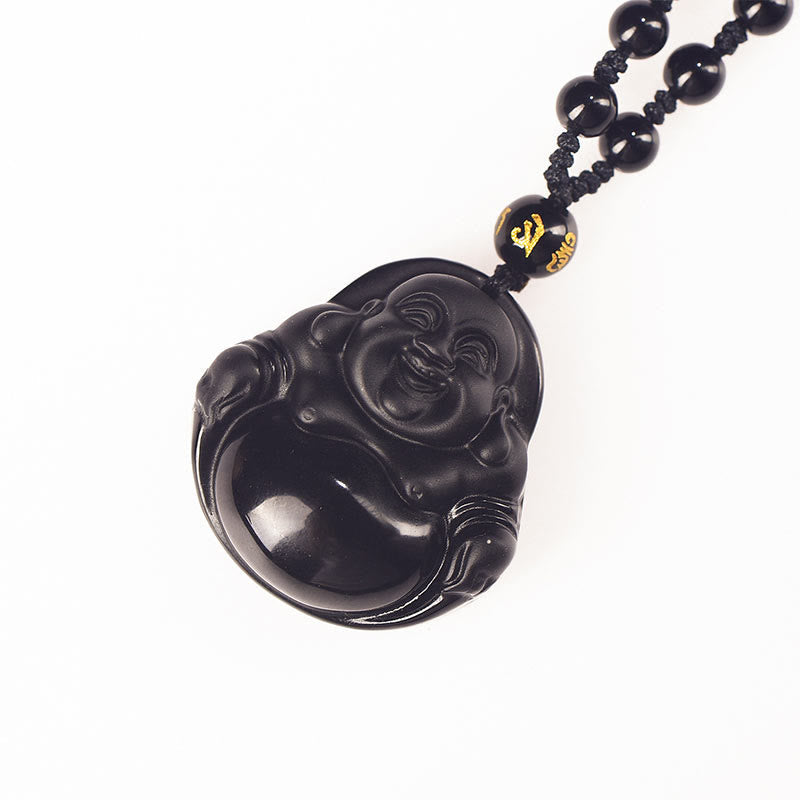 Wear FengShui Natural Black Obsidian Ice Obsidian Laughing Buddha Purification Necklace Pendant