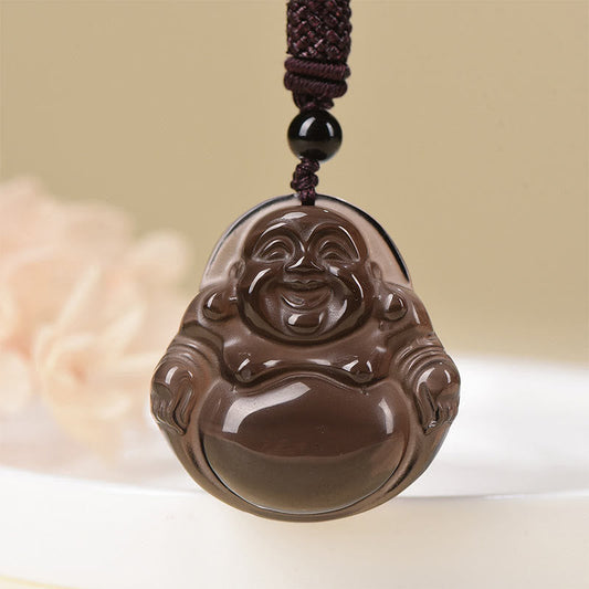 Wear FengShui Natural Black Obsidian Ice Obsidian Laughing Buddha Purification Necklace Pendant